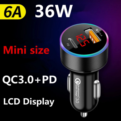  For iPhone 12 Huawei Xiaomi Type C Mobile Phone PD USB Car Charger LCD Display Mini Quick Charge 3.0 6A 36W QC3.0 Fast Charger' />