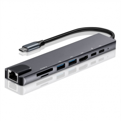 USB3.0 C Hub 8 puertos en 1 Tipo-c Expansión a 100M Puerto de red Lector de tarjetas Hub de datos' />