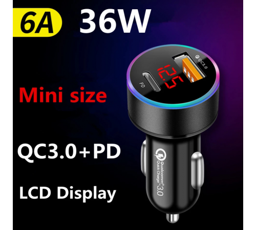  For iPhone 12 Huawei Xiaomi Type C Mobile Phone PD USB Car Charger LCD Display Mini Quick Charge 3.0 6A 36W QC3.0 Fast Charger